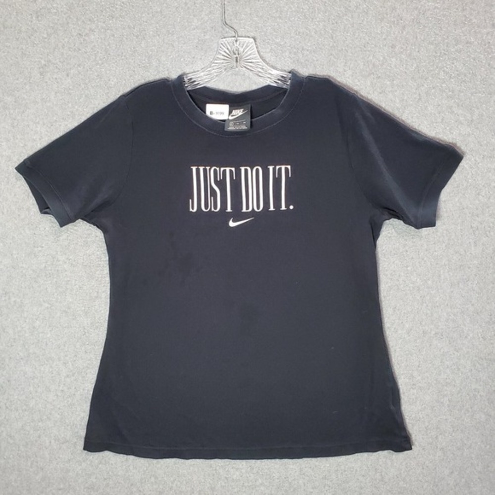 Nike Women Top XL Black Ribbed Shirt Logo Just Do It Short Sleeve Crew Neck